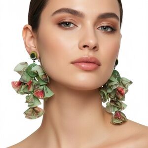 Elegant Silk Floral 6” Drop Clip On Earrings in Green and Pink